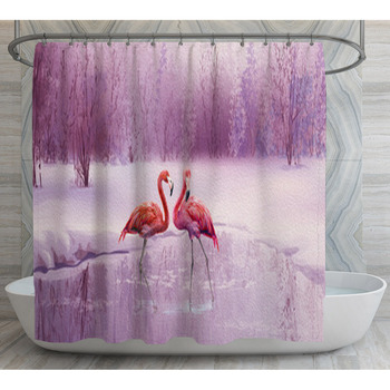 A Pair Of Pink Flamingos Stand In The Shower Curtain
