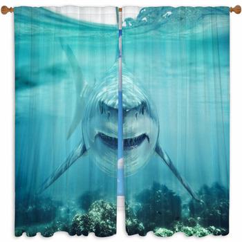 3D Window Curtains Ferocious shark Photo Printing Blockout Drapes Fabric Decor