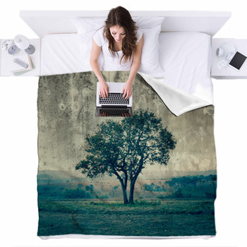 A Single Tree Represent Loneliness Fleece Bed Blanket