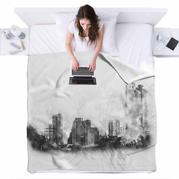 Abstract Building On Watercolor Fleece Bed Blanket