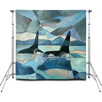 Abstract Painting Of Orcas Swimming Custom Size Backdrop