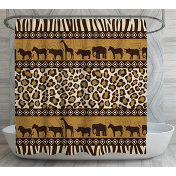 African Style Geometric Pattern and Wild Animals Image Art Shower Curtain Set 