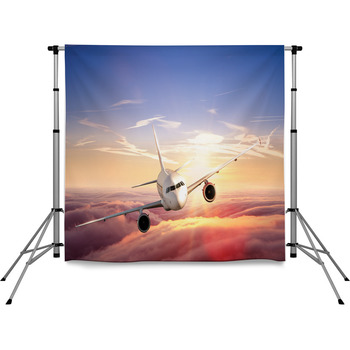 Airplane Jetliner Flying Above Pole Pocket Backdrop