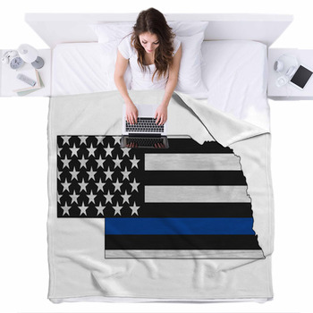 American Thin Blue Line Flag On Map Fleece Bed Blanket