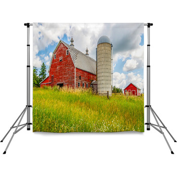 An Old Barn And Silo Stand Tall On  Pole Pocket Backdrop