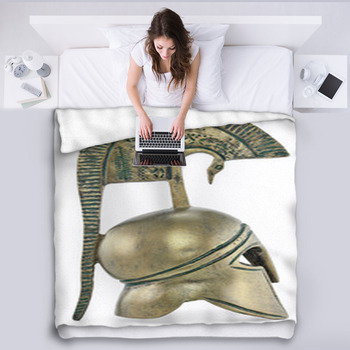 Ancient Greek Helmet Replica On White Fleece Blanket