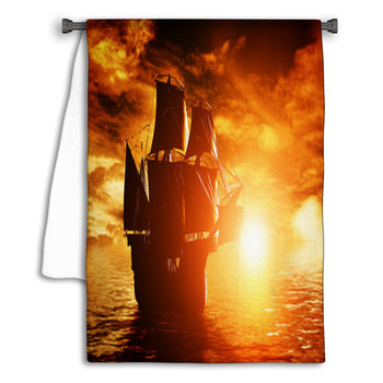 Ancient Pirate Ship Sailing On The Ocean At Sunset Towel