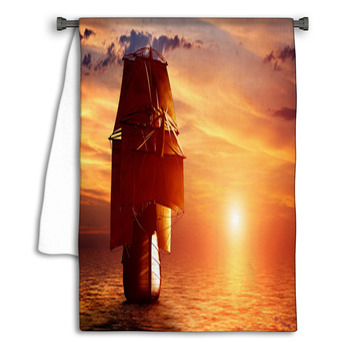Ancient Pirate Ship Sailing On The Ocean At Sunset Towel