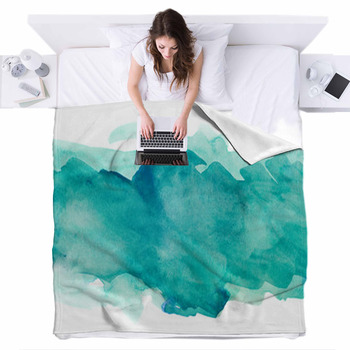 Aquamarine Watercolor Strip Fleece Bed Blanket