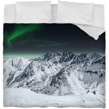 Aurora And Moon In Mountains Fleece Bed Blanket