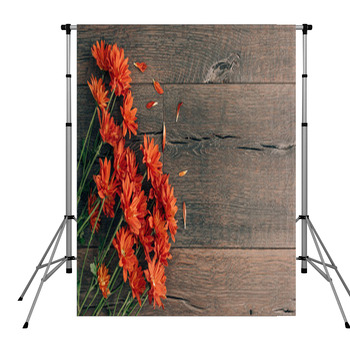 Autumn Orange Flowers On Rustic Pole Pocket Backdrop