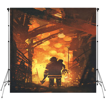 Back View Of Firefighter Holding Custom Size Backdrop