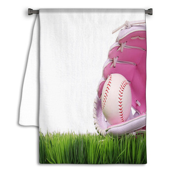 Baseball In Pink Female Glove On Green Grass Towel