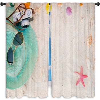 Beach Accessories On Sandy Summer Window Curtain