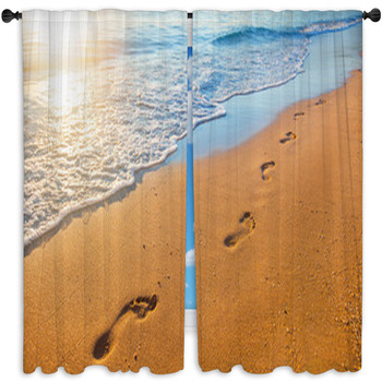 Beach Wave And Footprints At Sunset Time Window Curtain