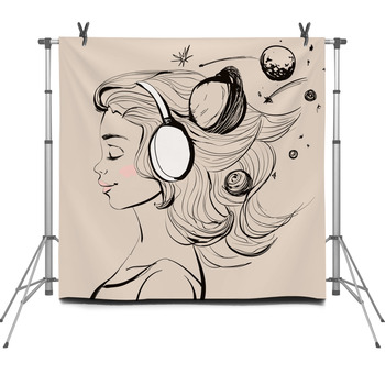 Beautiful Happy Girl With Headphones On  Fleece Backdrop