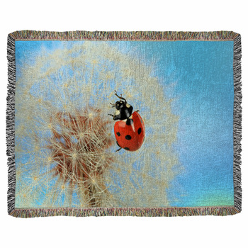Beautiful Ladybird  On Dandelion, Woven Throw Blanket