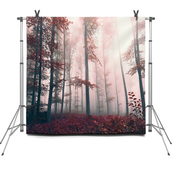 Beautiful Red Colored Foggy Forest Fleece Backdrop