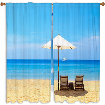 Beds And Umbrella On A Beach Custom Size Window Curtain