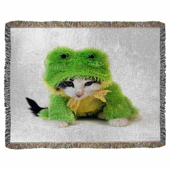 Black And White Kitten In A Green Woven Throw Blanket