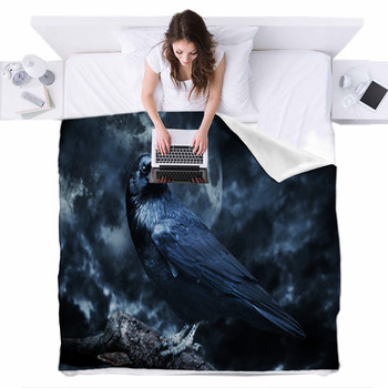 Black Raven In Moonlight Perched On Fleece Bed Blanket