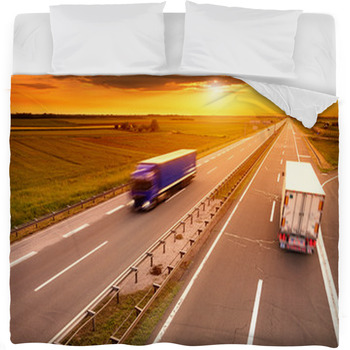 Blue And White Truck In Motion Blur Fleece Bed Blanket