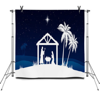 Blue Christmas Nativity Scene Background Fleece Backdrop