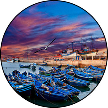 Blue Fishing Boats On An Ocean Coast In Round Rug