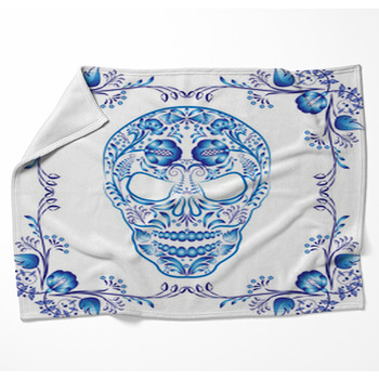 Blue Patterned Skull With Flowers In  Woven Throw Blanket