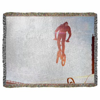 Bmx Rider Performing Air Trick Woven Throw Blanket