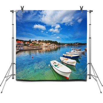 Boats In Marina Of Lumbarda, Croatia Fleece Backdrop