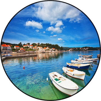 Boats In Marina Of Lumbarda, Croatia Round Rug