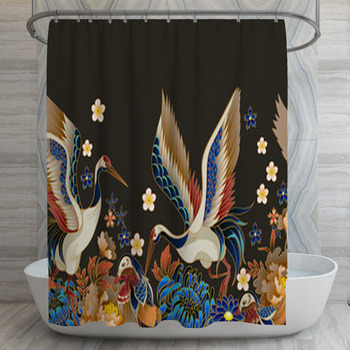 Border With Mandarin Ducks Flowers And Shower Curtain