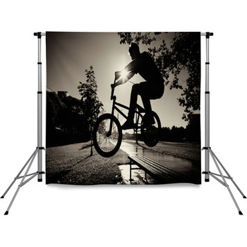 Boy Jumping Over Bench  On Bmx Pole Pocket Backdrop