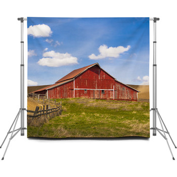 Bright Red Barn And Clear Day Sky Custom Size Backdrop