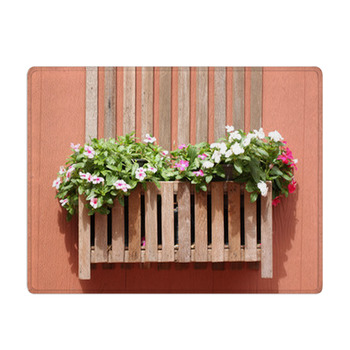 Brown Wooden Walls And Pink Flowers. Bath Mat