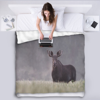 Bull Moose In Fog Fleece Blanket