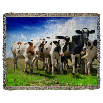 Calves On A Sunny Green Field Woven Throw Blanket