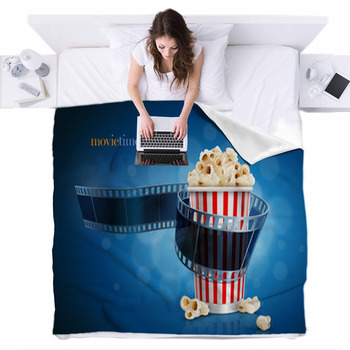 Camera Film Strip And Popcorn. Fleece Bed Blanket