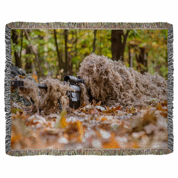 Camouflaged Sniper In The Woven Throw Blanket