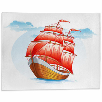 Cartoon Sailboat Ship With Red Sails Area Rug