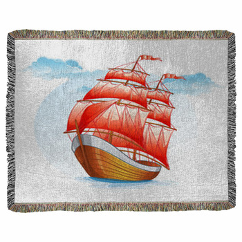 Cartoon Sailboat Ship With Red Sails Woven Throw Blanket