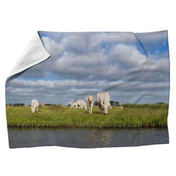 Cattle On Pasture By River Fleece Blanket