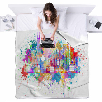 Chicago City Skyline Paint Splatter Fleece Bed Blanket