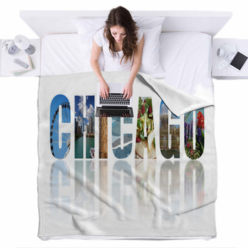 Chicago Collage Reflected On White Fleece Bed Blanket