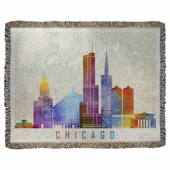 Chicago Landmarks Watercolor Poster Woven Throw Blanket