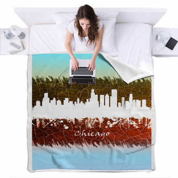 Chicago Skyline Blue And White Fleece Bed Blanket