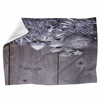 Christmas Ornaments And Gift Ribbon On Fleece Blanket