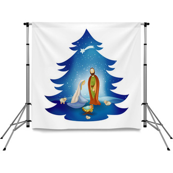 Christmas Tree Nativity Scene With  Pole Pocket Backdrop
