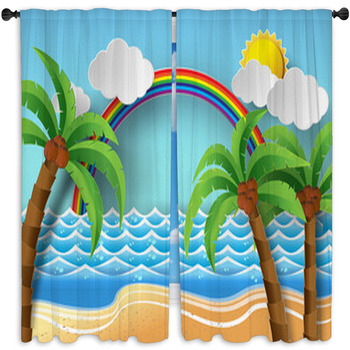 Coconut Trees On The Beach And Sun Wiht Window Curtain
